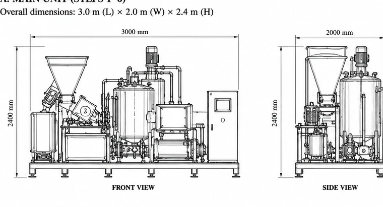 Hotel unit main assembly, front and side views