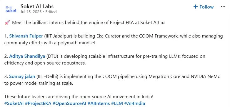 Soket AI Labs post naming Shivansh Fulper among the interns behind Project EKA