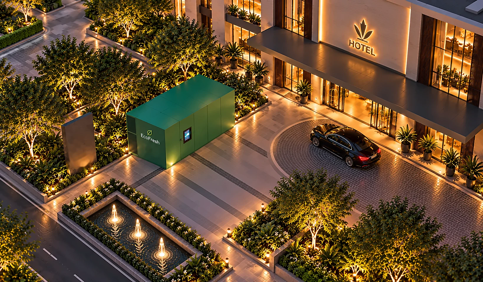 Top-view render of an EcoFresh site unit beside a hotel driveway (concept, illustrative setting)