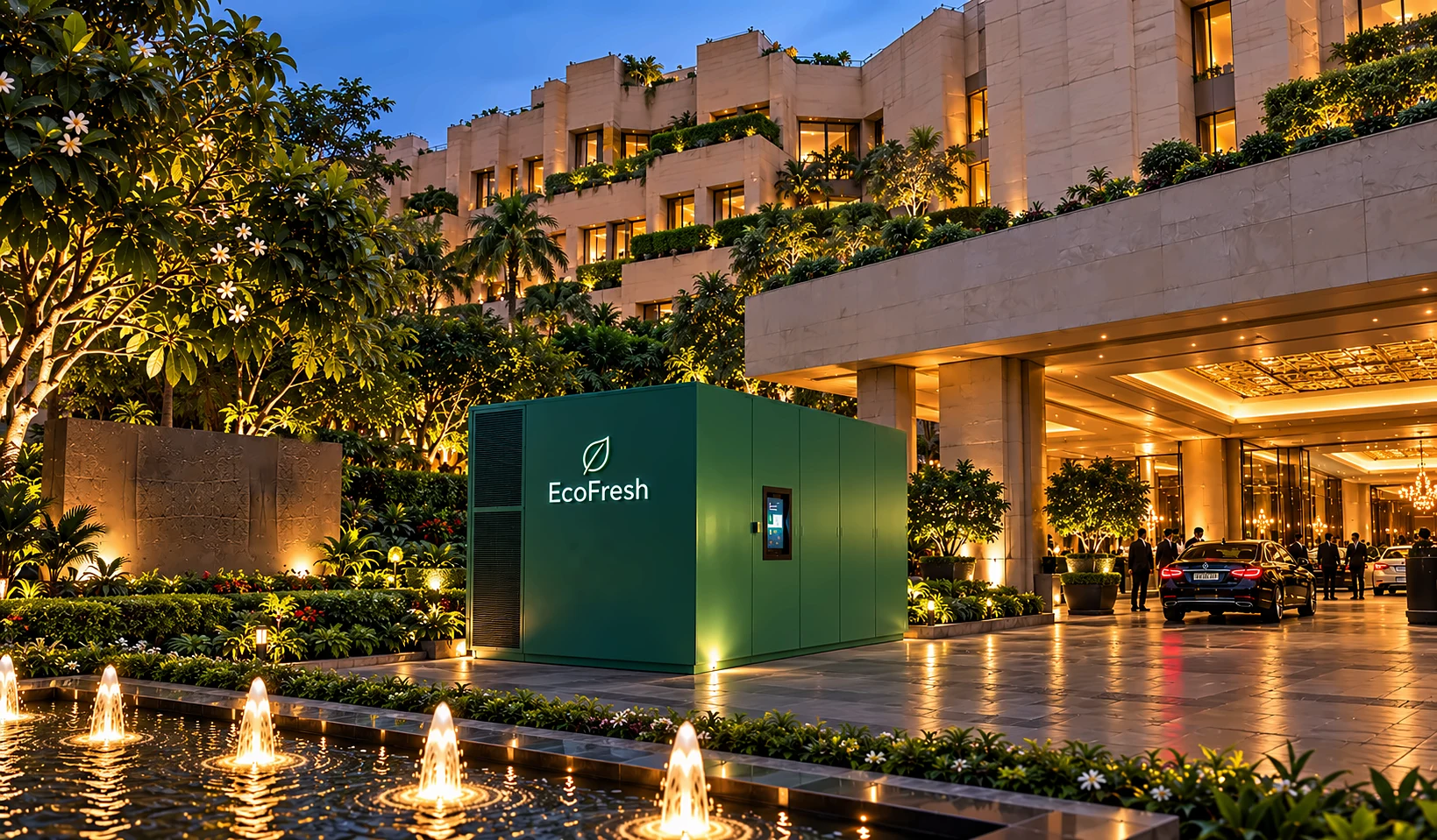 Render of an EcoFresh site unit at a hotel entrance (concept, illustrative setting)